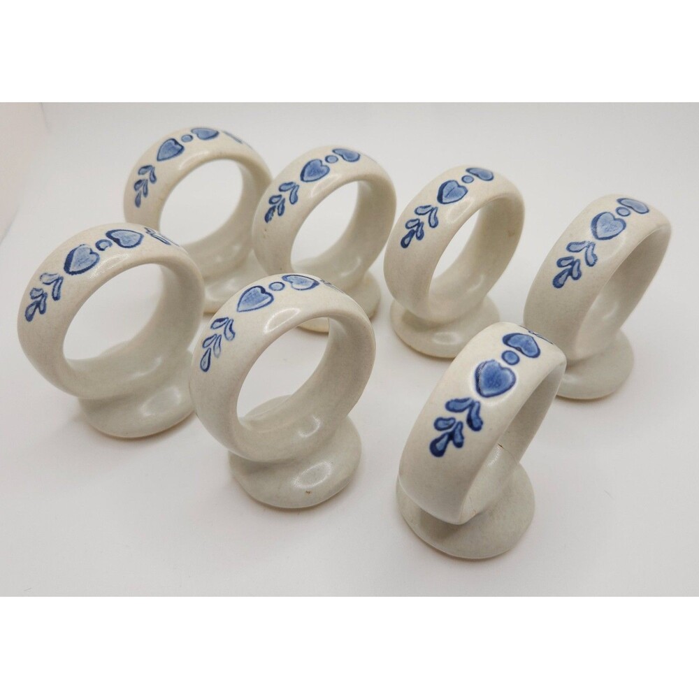 Set of 7 Vtg Pfaltzgraff Yorktowne Ceramic Stoneware Footed Napkin Rings Blue